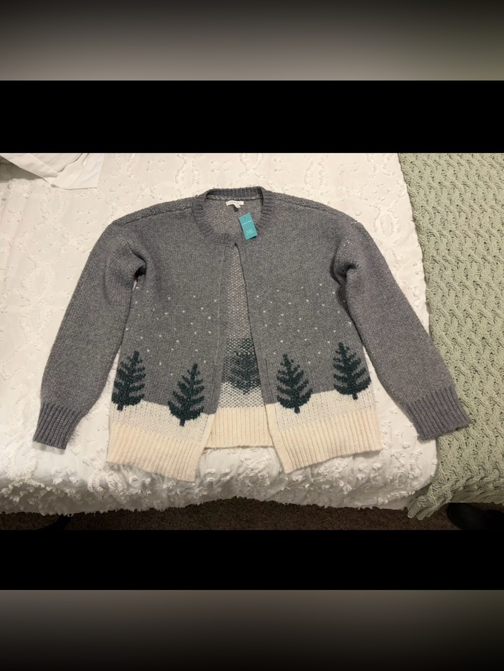 Maurices Gray Cardigan with Green Tree Motif / Christmas Sweater